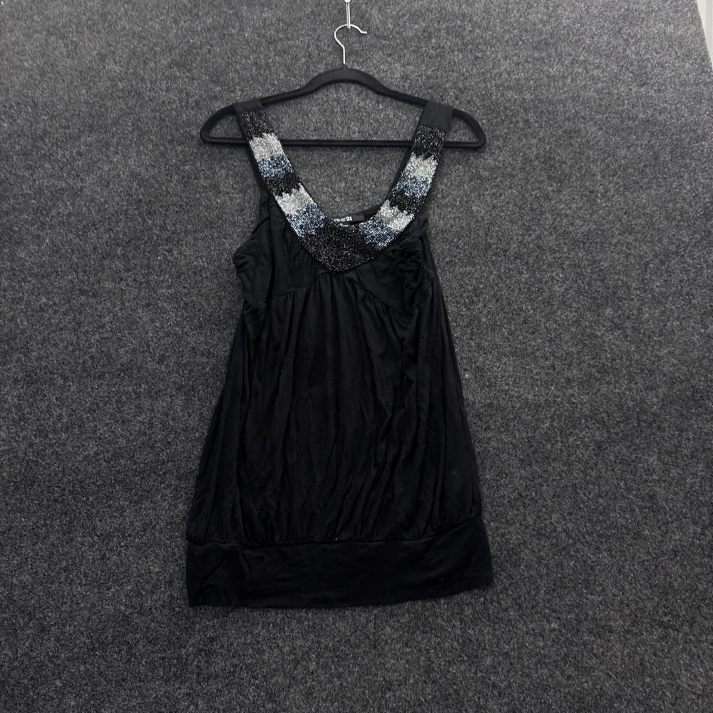 Forever 21 Black Beaded V-Neck Babydoll Tank Top Large